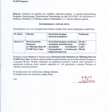 Informacja w sprawie wyniku naboru na partnera do wspólnej realizacji projektu w ramach Poddziałania 3.2.1 Jakość edukacji ogólnej