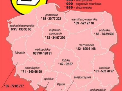 mapa polski z kryzysowymi numerami telefonicznymi
