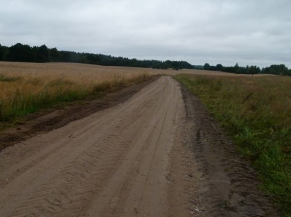 droga o nawierzchni piaszczystej po środku pola